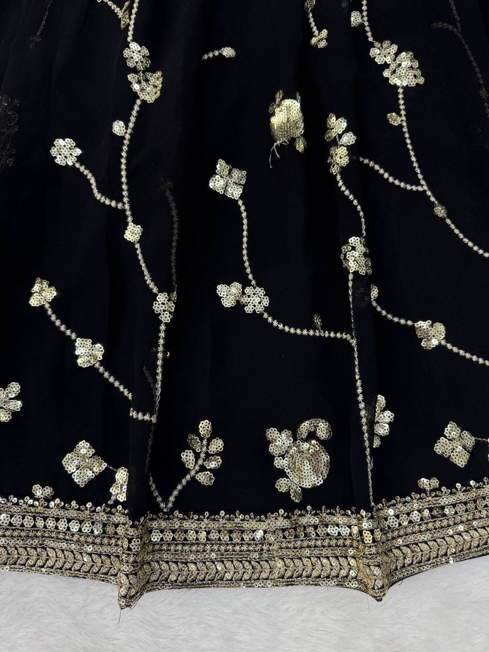 Midnight Black Georgette Lehenga Choli Adorned with Delicate Silver Floral Vine Embroidery and Scalloped Borders